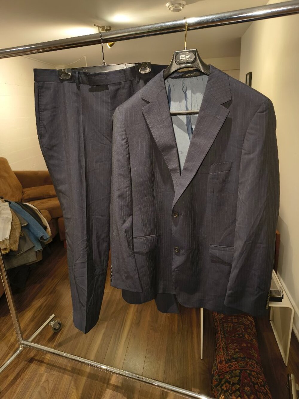 BOSS Hugo Boss Pasolini Movie Navy Tonal Stripe Wool Suit 46R EU 56